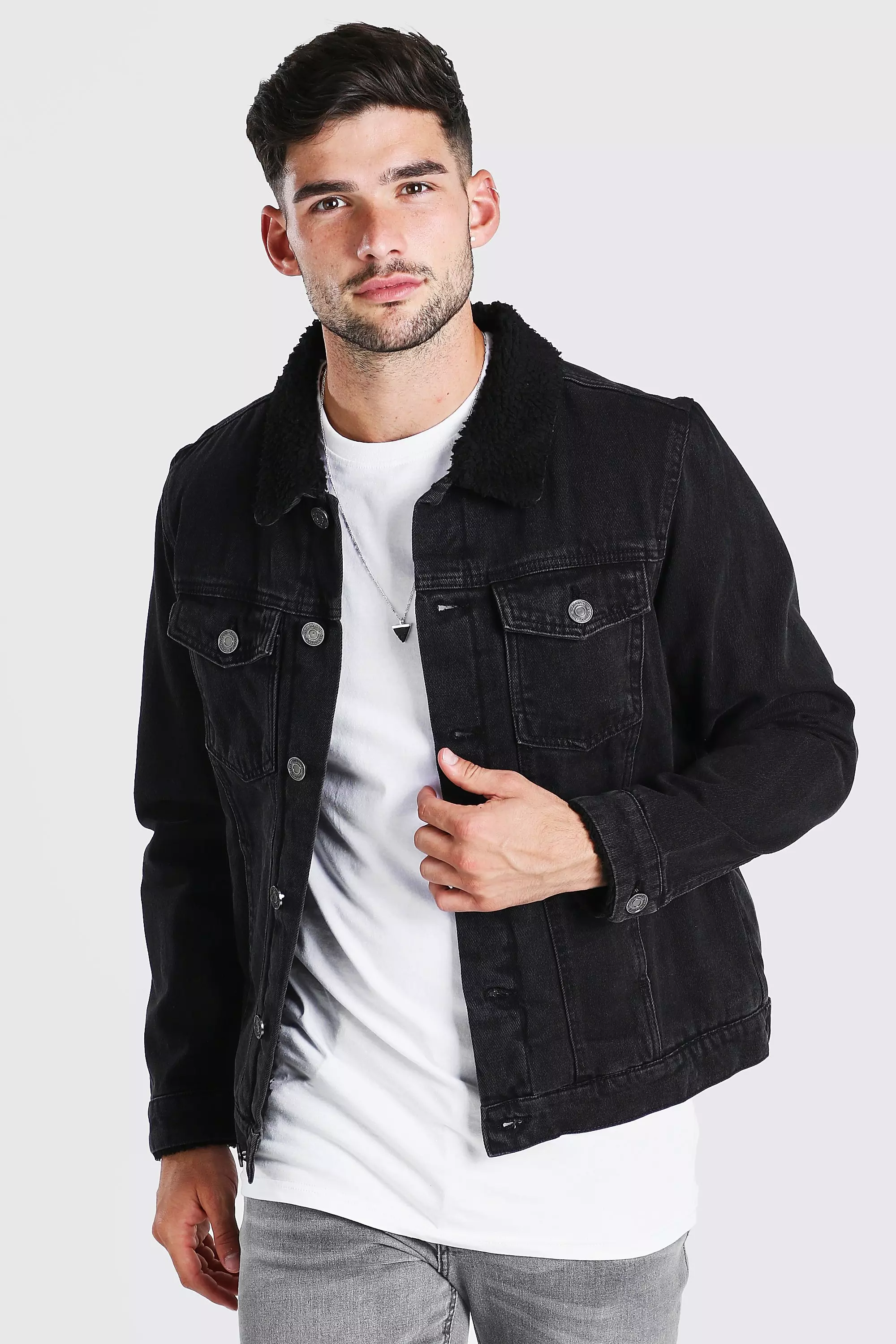 Lined denim jacket black sale